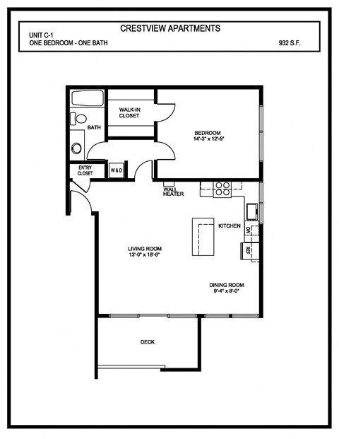 Floor plan for 1 bed, 1 bath, 932 sqft